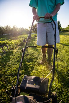Man mowing lawn with push mower on a sunny day, vibrant green grass.