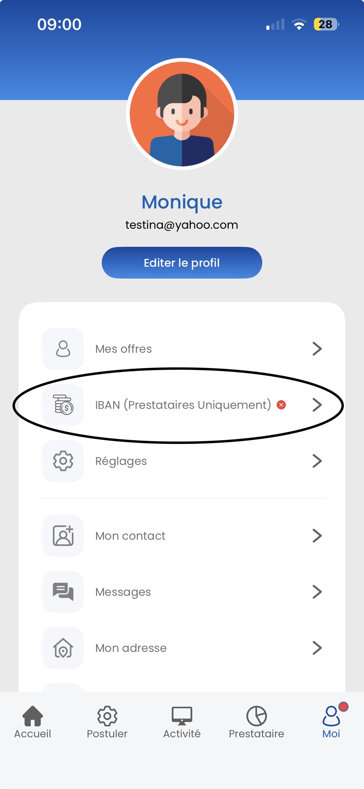 Configuration IBAN dans l'onglet Moi de l'application PloffApp