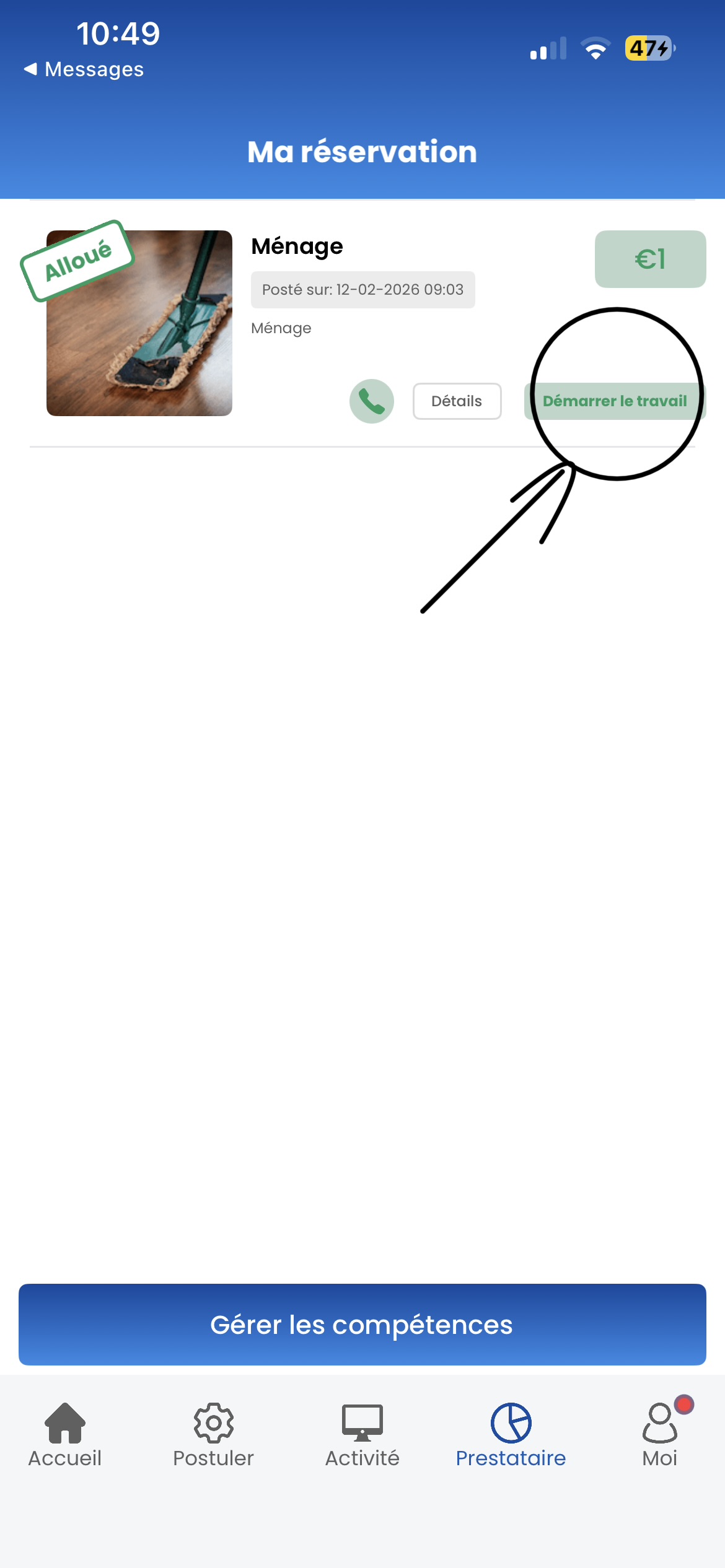 Bouton démarrer le travail